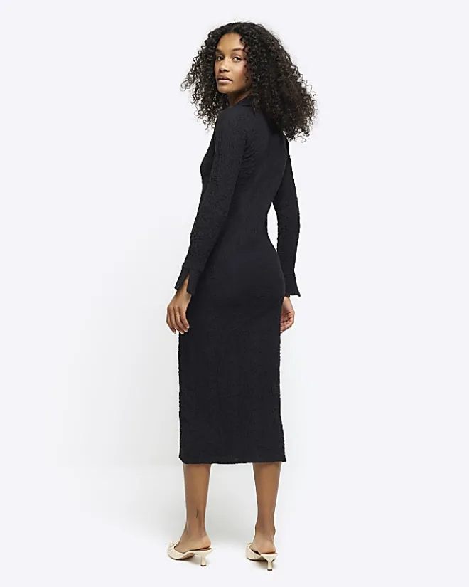 River Island Textured Midi Shirt Dress Black Discount
