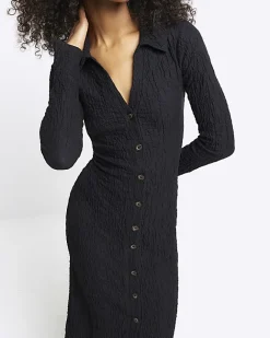 River Island Textured Midi Shirt Dress Black Discount
