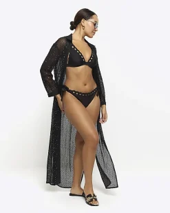 River Island tie side scallop brief bikini bottoms Black Fashion