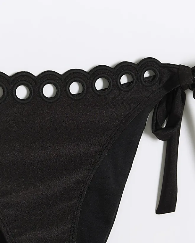 River Island tie side scallop brief bikini bottoms Black Fashion
