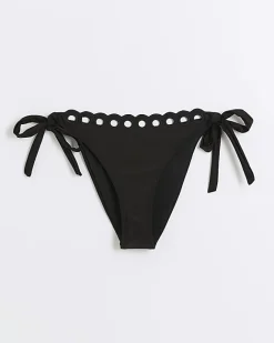 River Island tie side scallop brief bikini bottoms Black Fashion