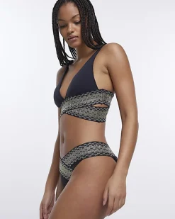 River Island wrap plunge bikini top Black Clearance