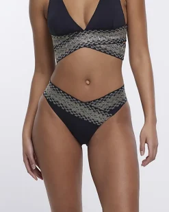 River Island wrap plunge bikini top Black Clearance
