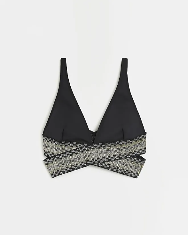 River Island wrap plunge bikini top Black Clearance