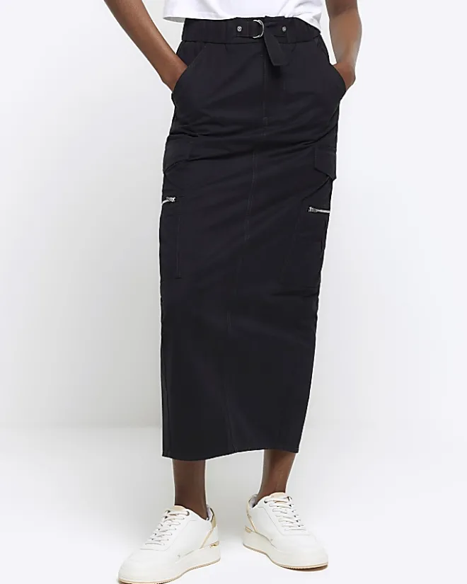 River Island zip pencil midi skirt Black New