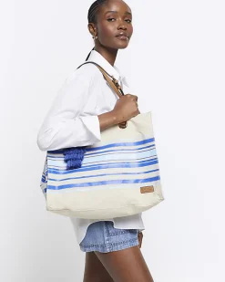 River Island canvas stripe shopper bag Blue Discount