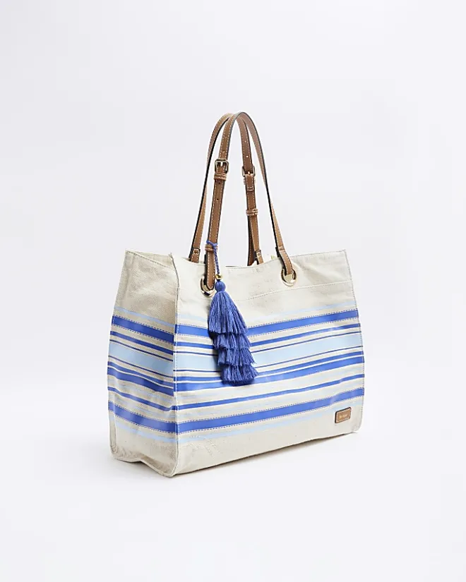 River Island canvas stripe shopper bag Blue Discount