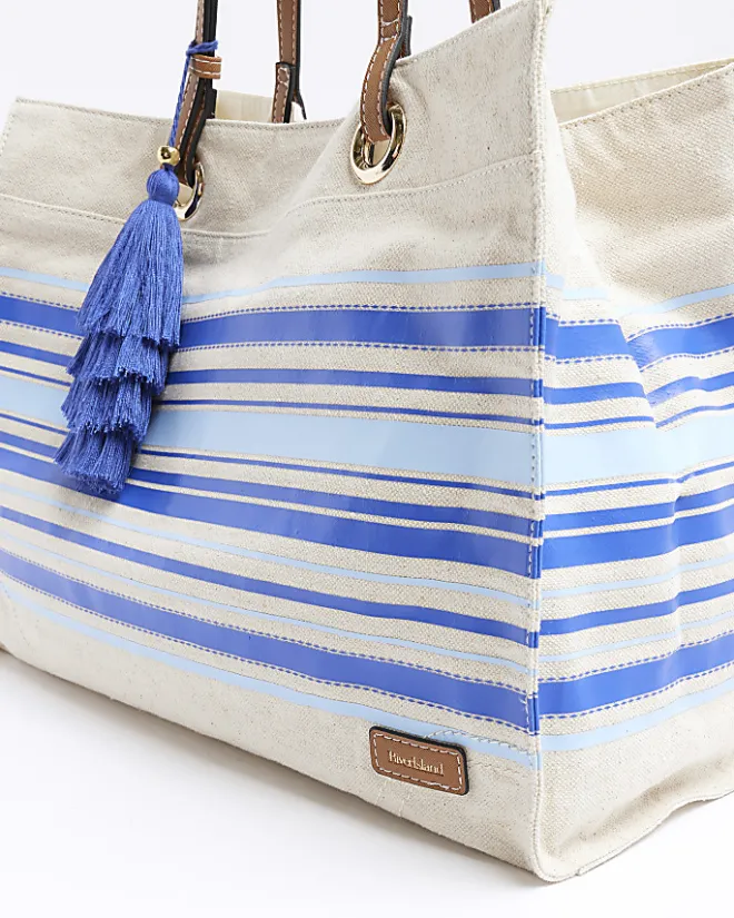 River Island canvas stripe shopper bag Blue Discount