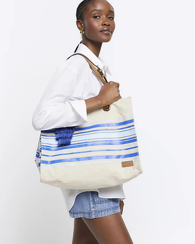 River Island canvas stripe shopper bag Blue Discount