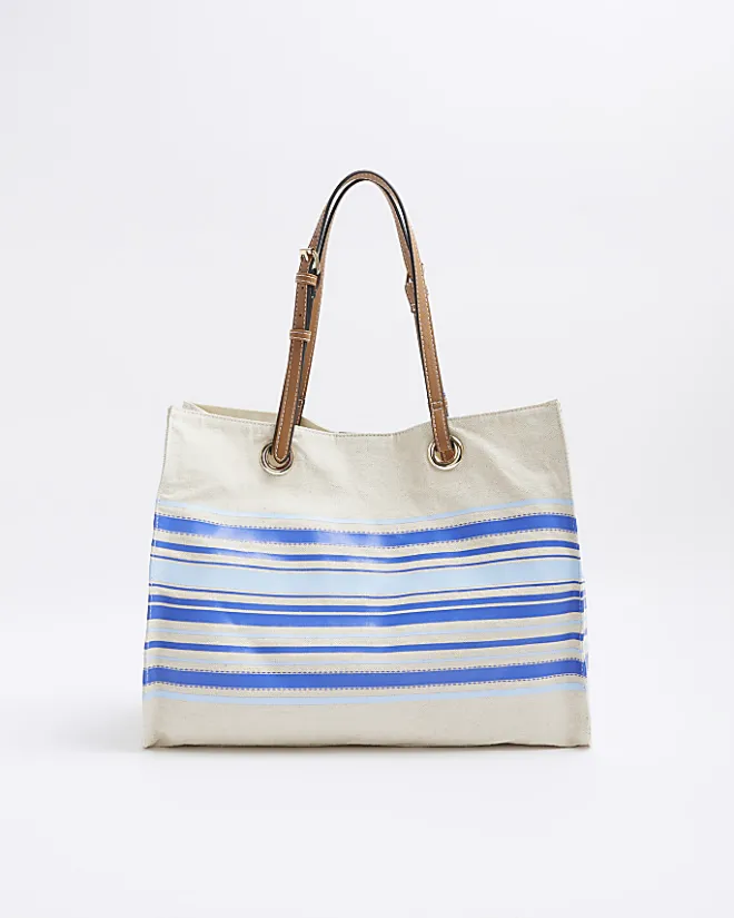 River Island canvas stripe shopper bag Blue Discount