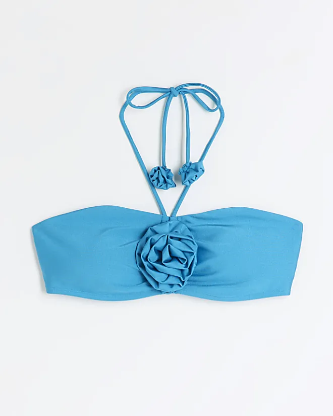 River Island corsage halter bikini top Blue Outlet