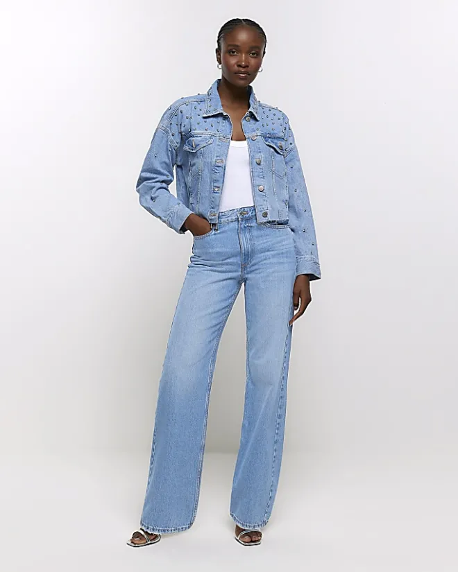 River Island embellished crop denim jacket Blue Outlet