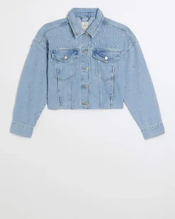 River Island embellished crop denim jacket Blue Outlet