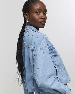 River Island embellished crop denim jacket Blue Outlet