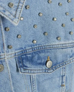 River Island embellished crop denim jacket Blue Outlet