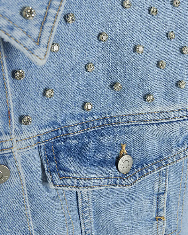 River Island embellished crop denim jacket Blue Outlet