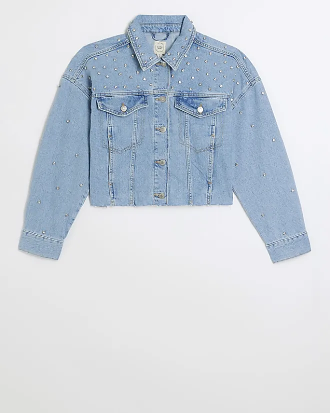 River Island embellished crop denim jacket Blue Outlet