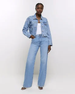 River Island embellished crop denim jacket Blue Outlet