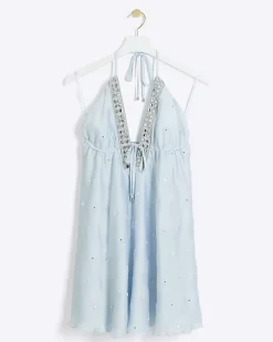River Island embellished plunge beach mini dress Blue Hot
