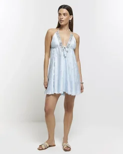River Island embellished plunge beach mini dress Blue Hot