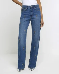 River Island embellished relaxed straight jeans Blue Outlet