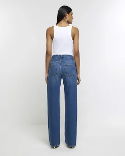 River Island embellished relaxed straight jeans Blue Outlet