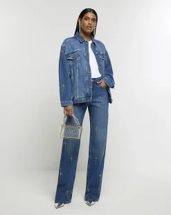 River Island embellished relaxed straight jeans Blue Outlet