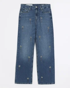River Island embellished relaxed straight jeans Blue Outlet