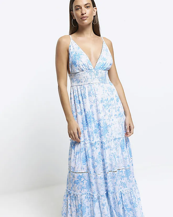 River Island floral beach maxi dress Blue Outlet