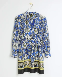 River Island floral belted mini shirt dress Blue Clearance