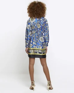 River Island floral belted mini shirt dress Blue Clearance
