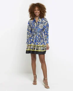 River Island floral belted mini shirt dress Blue Clearance