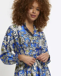 River Island floral belted mini shirt dress Blue Clearance