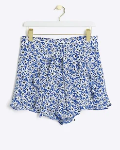 River Island floral belted shorts Blue Discount