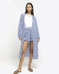 River Island floral belted shorts Blue Discount