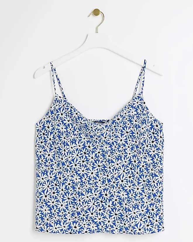 River Island floral cowl neck cami top Blue Clearance