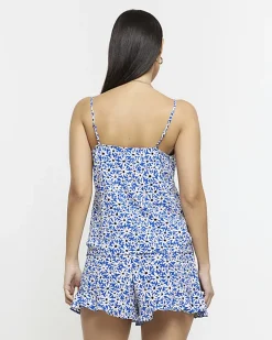 River Island floral cowl neck cami top Blue Clearance