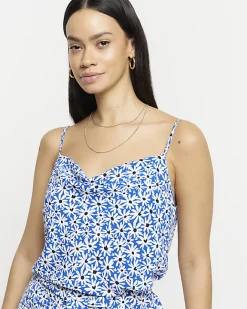River Island floral cowl neck cami top Blue Clearance