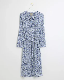 River Island floral tie waist longline duster jacket Blue Outlet