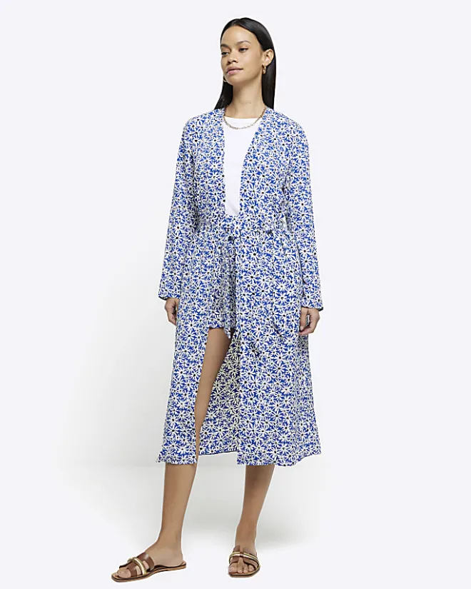 River Island floral tie waist longline duster jacket Blue Outlet