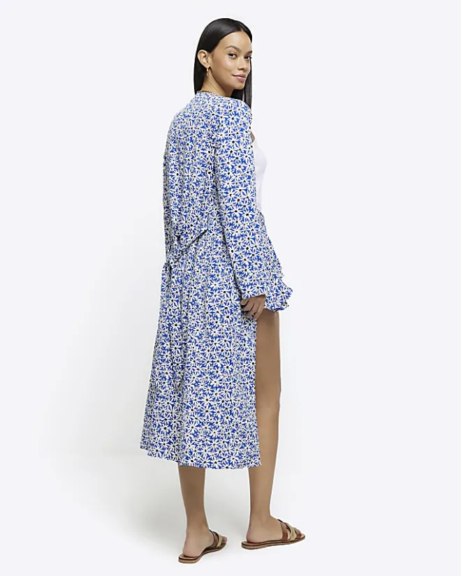 River Island floral tie waist longline duster jacket Blue Outlet