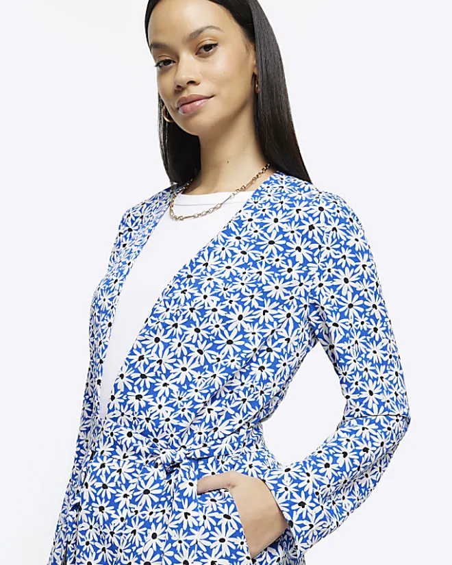 River Island floral tie waist longline duster jacket Blue Outlet