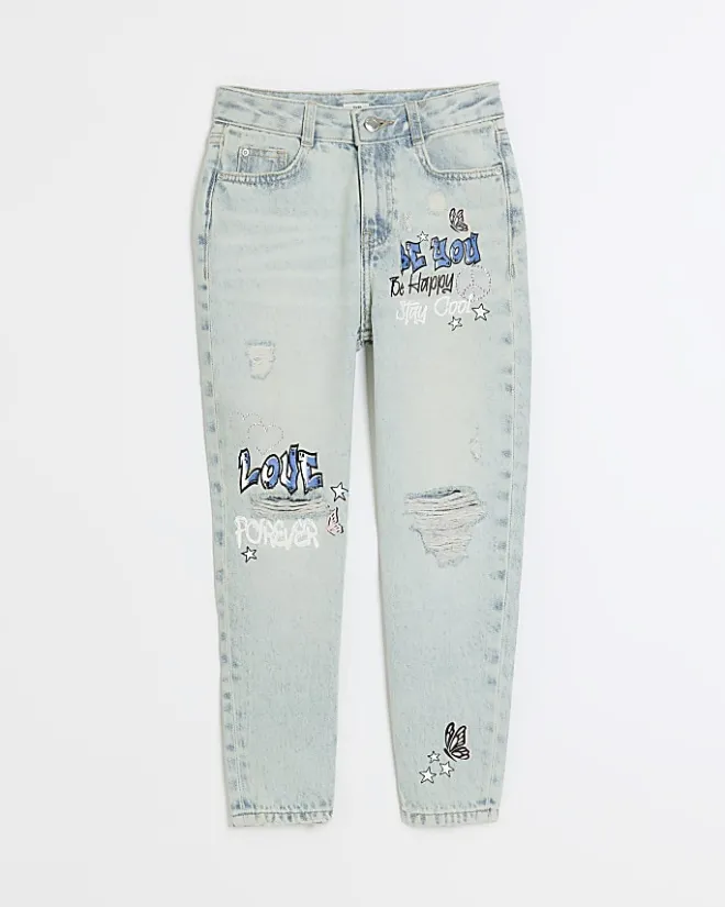 River Island graffiti ripped jeans Blue Online
