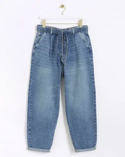 River Island High Waisted Belted Barrell Jeans Blue Best