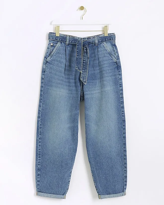 River Island High Waisted Belted Barrell Jeans Blue Best