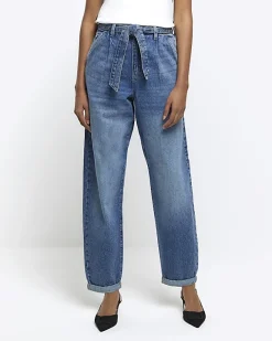 River Island High Waisted Belted Barrell Jeans Blue Best