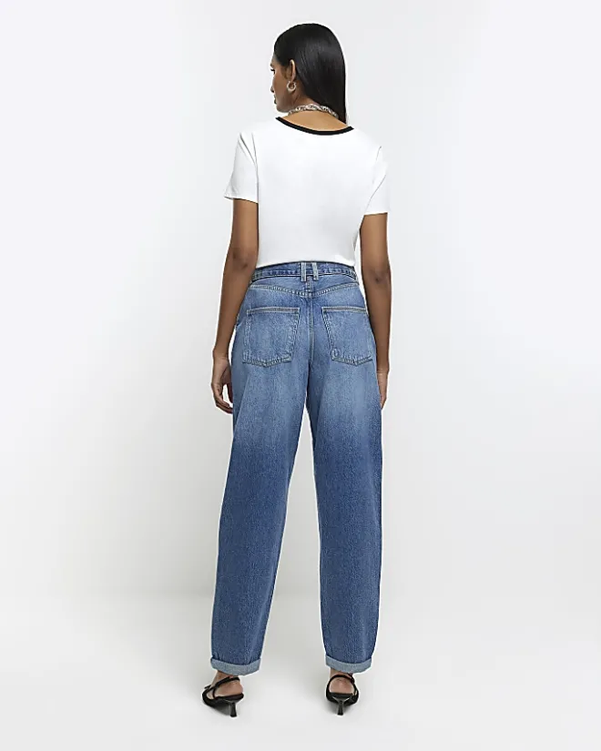 River Island High Waisted Belted Barrell Jeans Blue Best