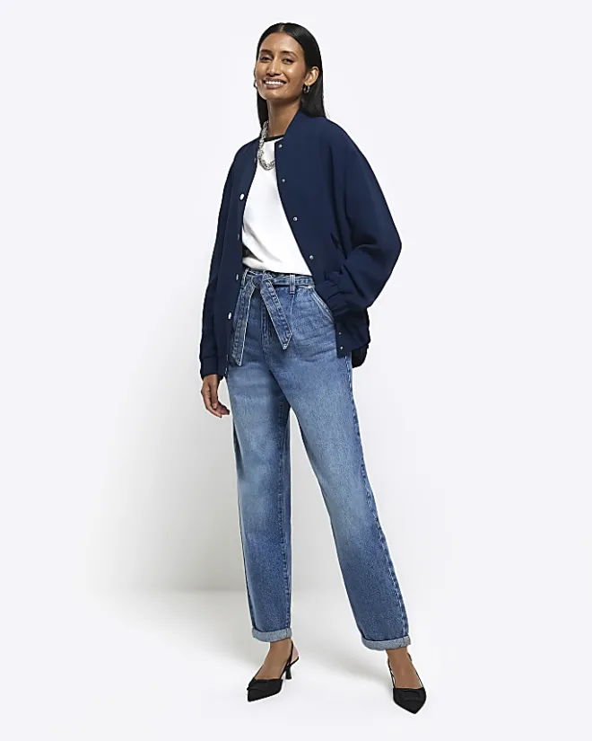 River Island High Waisted Belted Barrell Jeans Blue Best