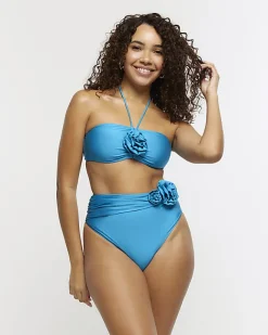River Island high waisted corsage bikini bottoms Blue Clearance