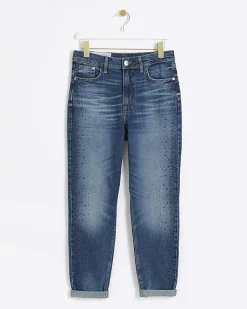 River Island high waisted embellished mom jeans Blue Discount